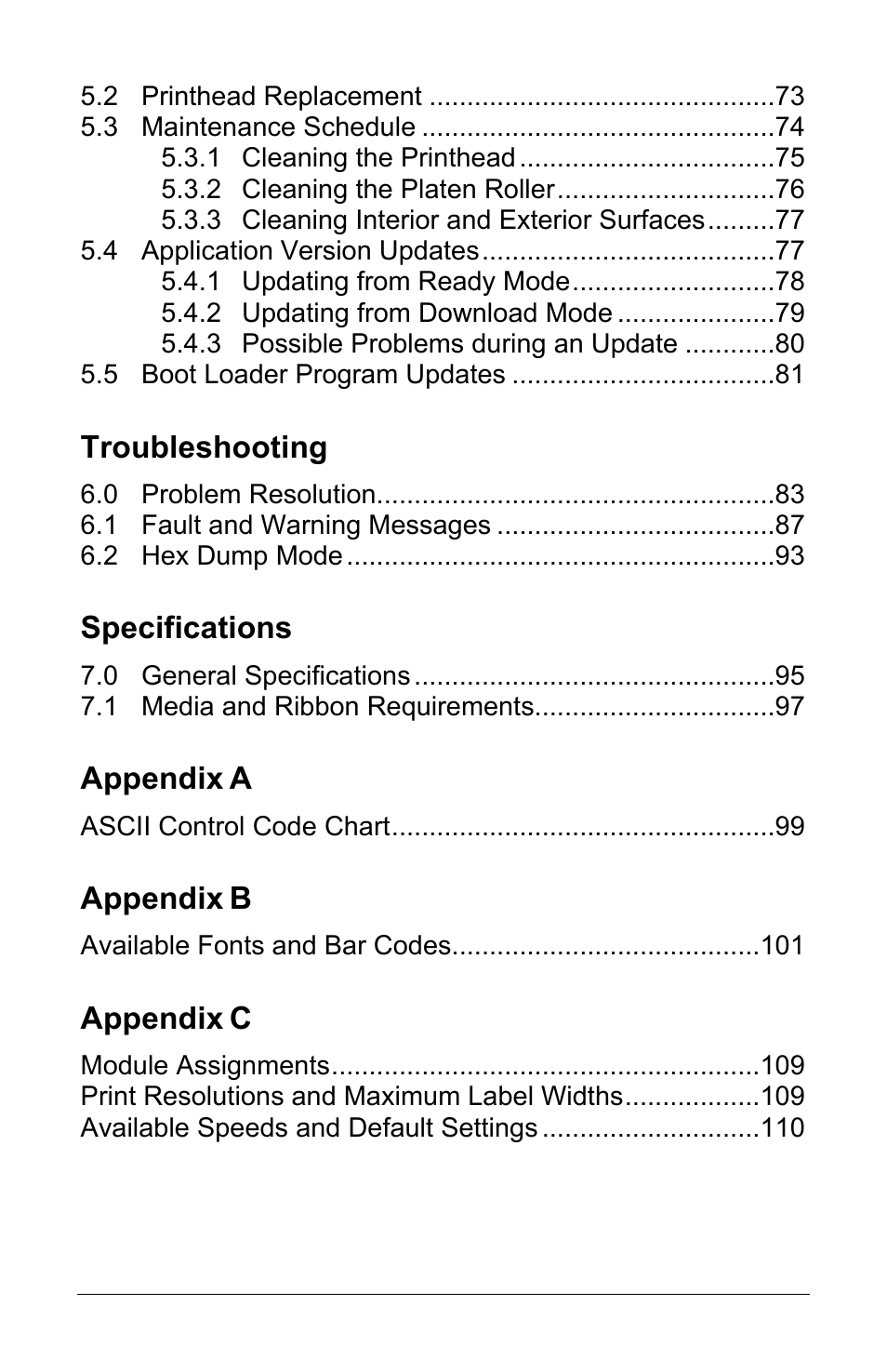 Troubleshooting, Specifications, Appendix | Brady 3481 User Manual | Page 9 / 140