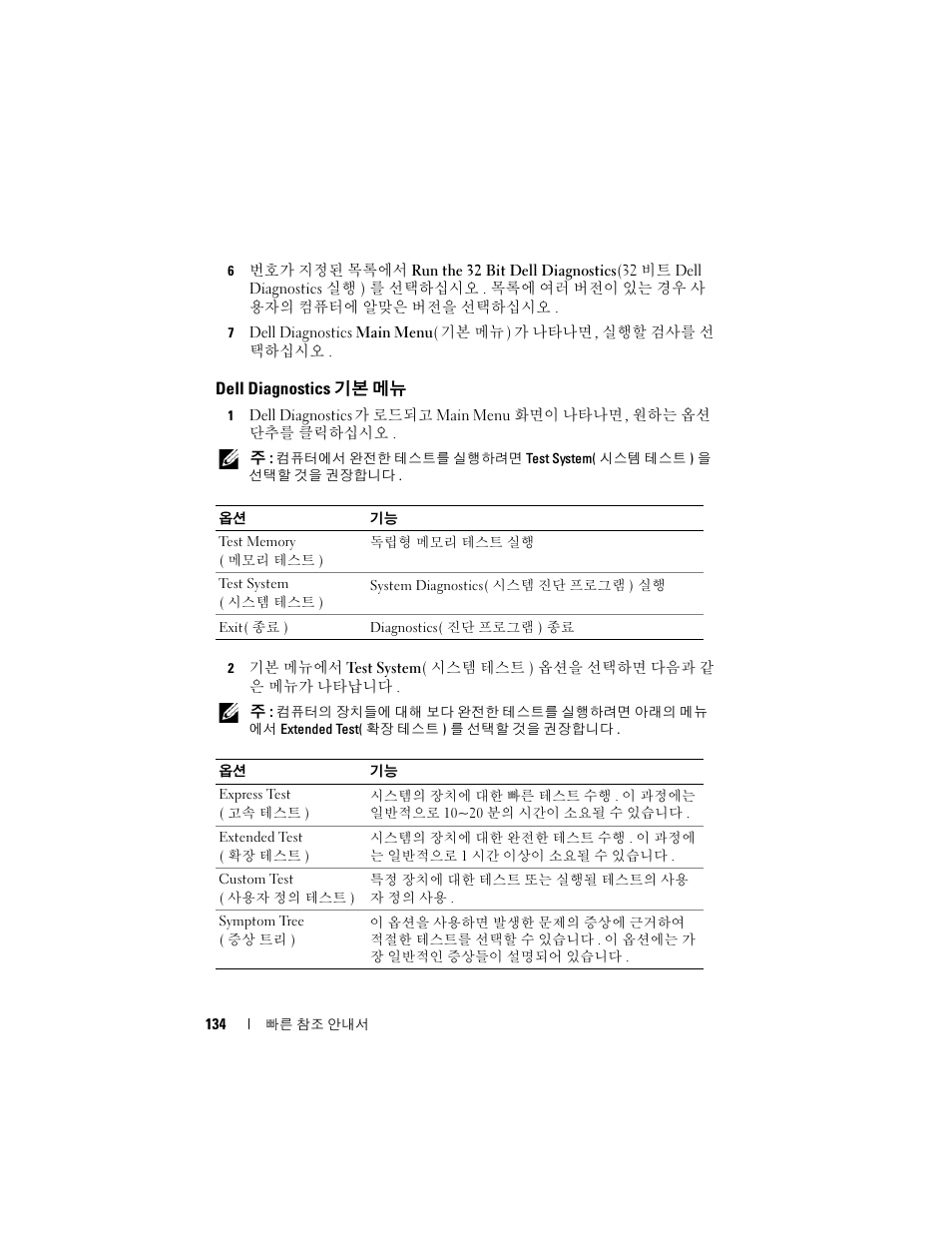 Dell diagnostics 기본 메뉴 | Dell Latitude D430 (Mid 2007) User Manual | Page 134 / 138