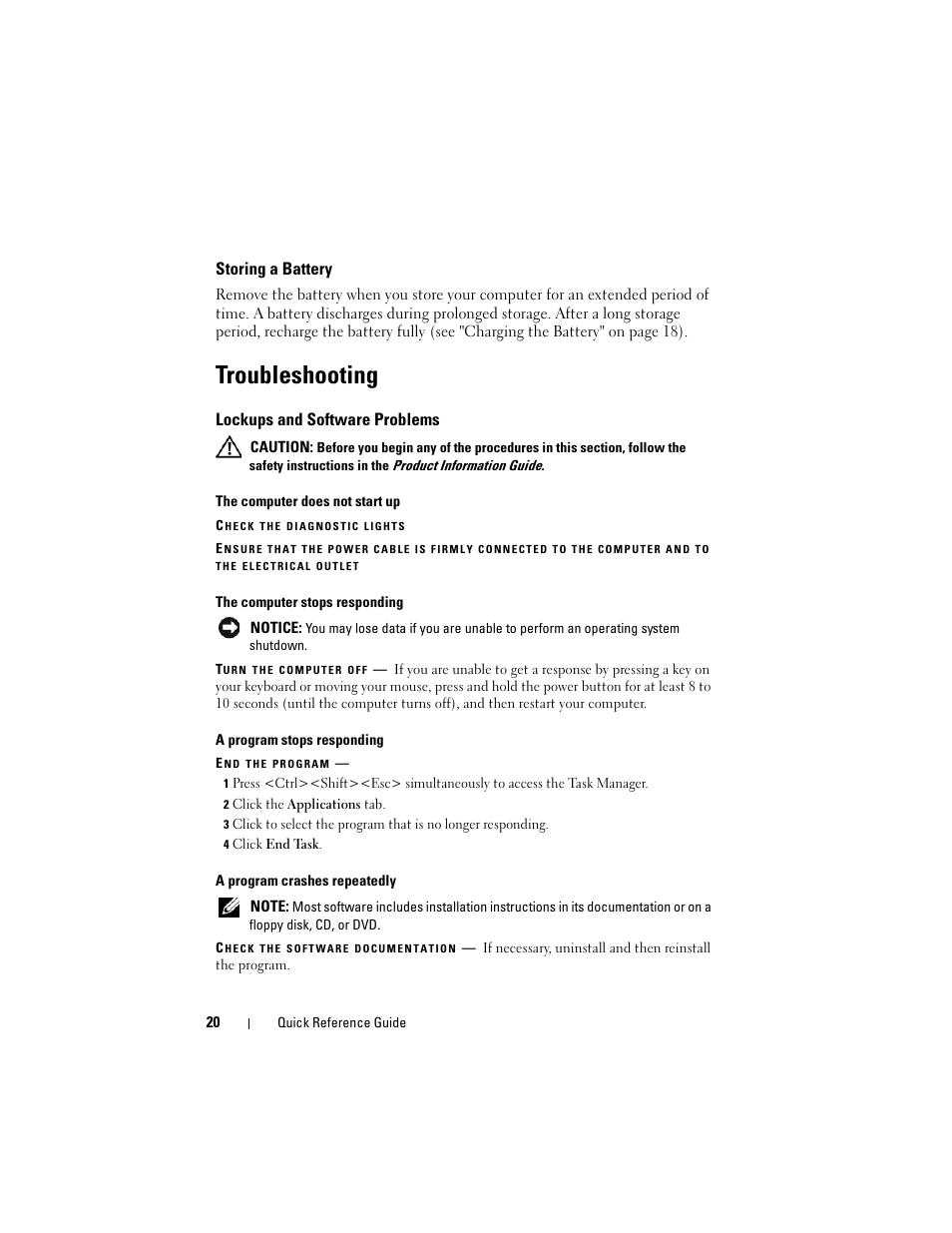 Storing a battery, Troubleshooting, Lockups and software problems | Dell Latitude D430 (Mid 2007) User Manual | Page 20 / 138
