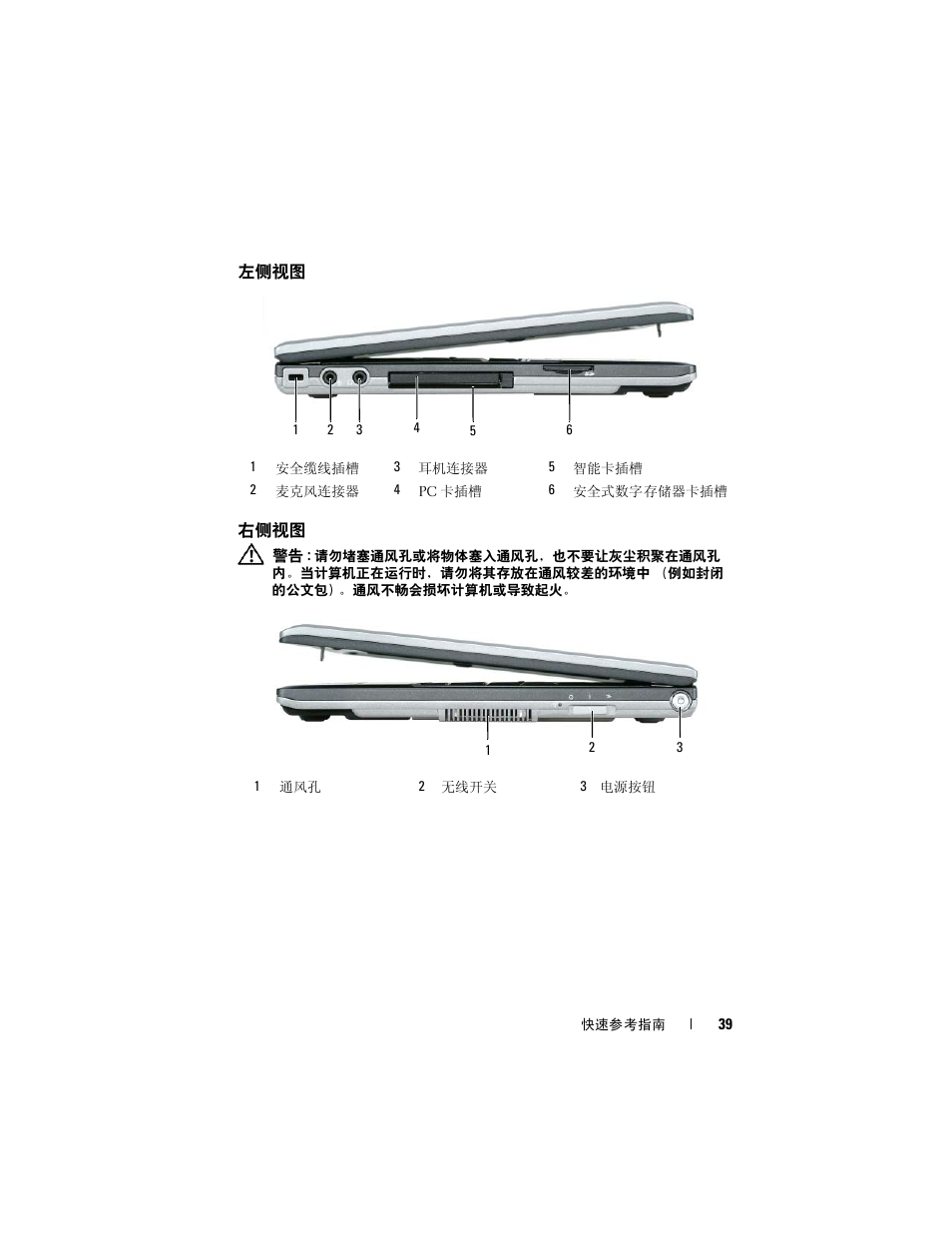 左侧视图, 右侧视图 | Dell Latitude D430 (Mid 2007) User Manual | Page 39 / 138