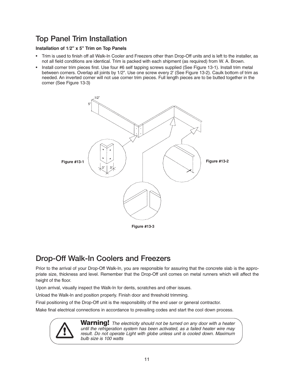 Top panel trim installation, Drop-off walk-in coolers and freezers, Warning | Imperial Brown Walk-in Coolers Cooler & Freezer User Manual | Page 13 / 28