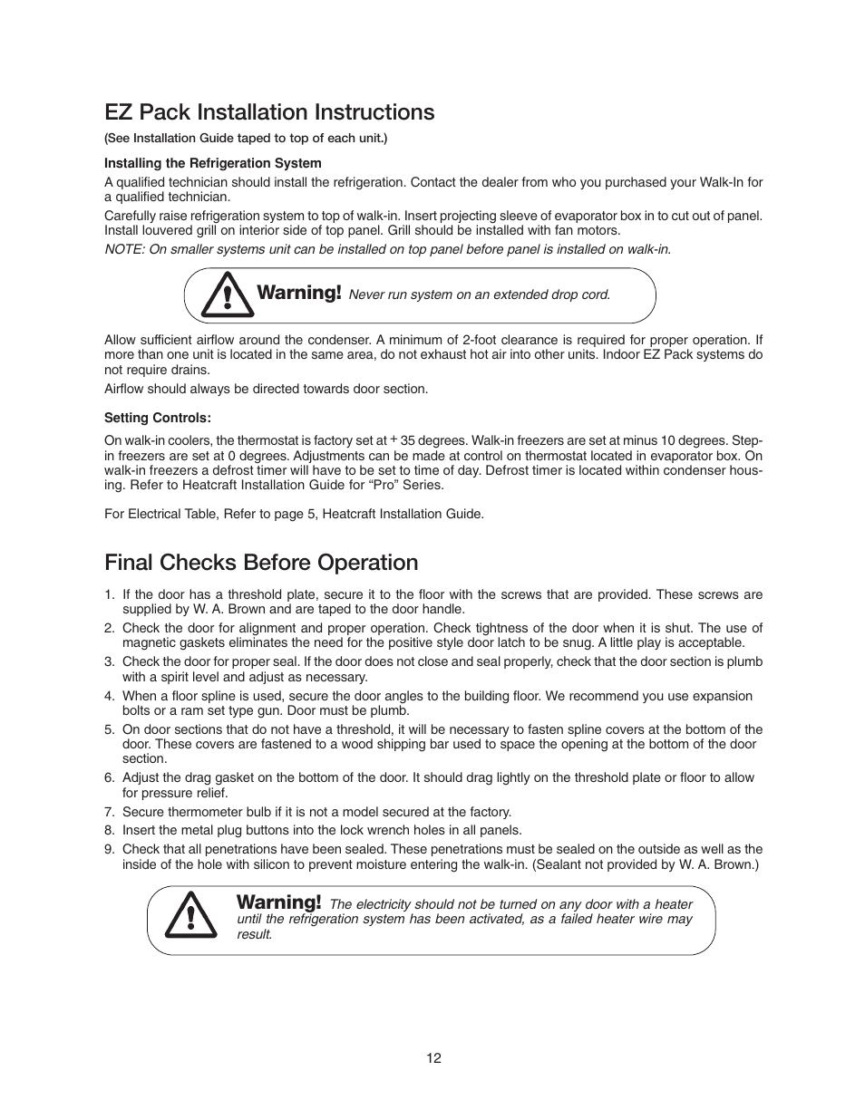 Ez pack installation instructions, Final checks before operation, Warning | Imperial Brown Walk-in Coolers Cooler & Freezer User Manual | Page 14 / 28