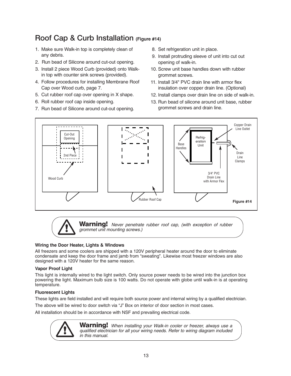 Roof cap & curb installation, Warning | Imperial Brown Walk-in Coolers Cooler & Freezer User Manual | Page 15 / 28