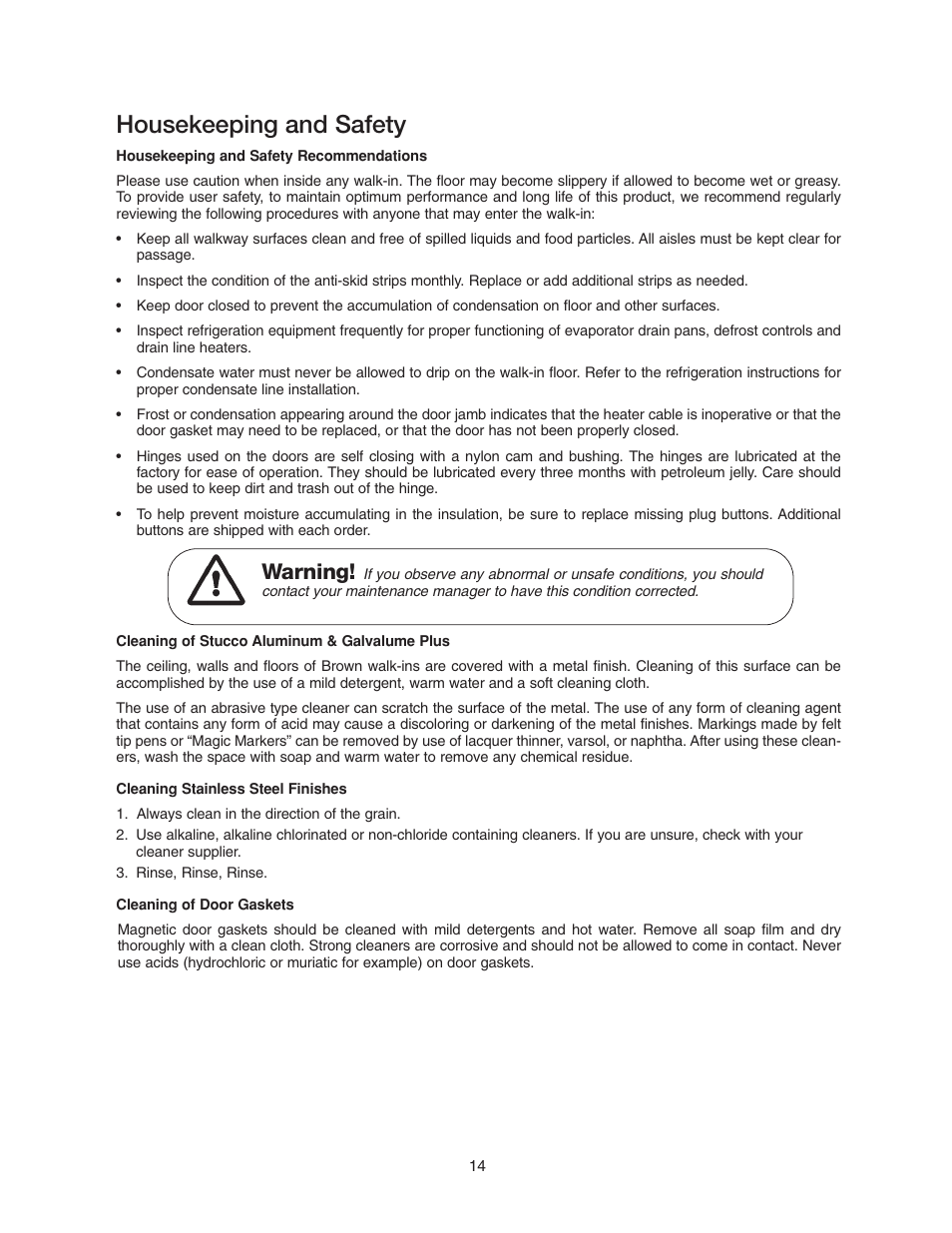 Housekeeping and safety, Warning | Imperial Brown Walk-in Coolers Cooler & Freezer User Manual | Page 16 / 28