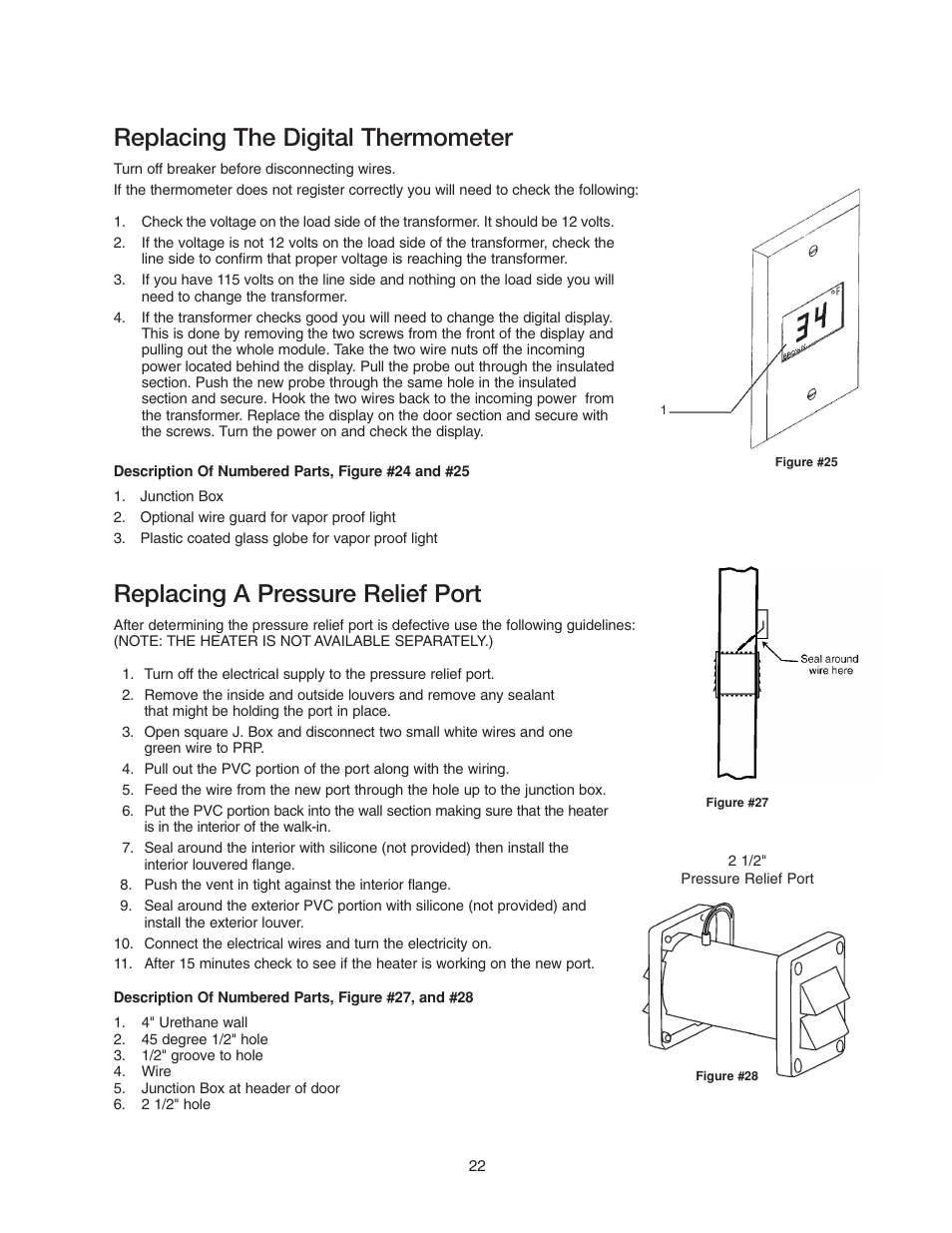 Replacing the digital thermometer, Replacing a pressure relief port | Imperial Brown Walk-in Coolers Cooler & Freezer User Manual | Page 24 / 28