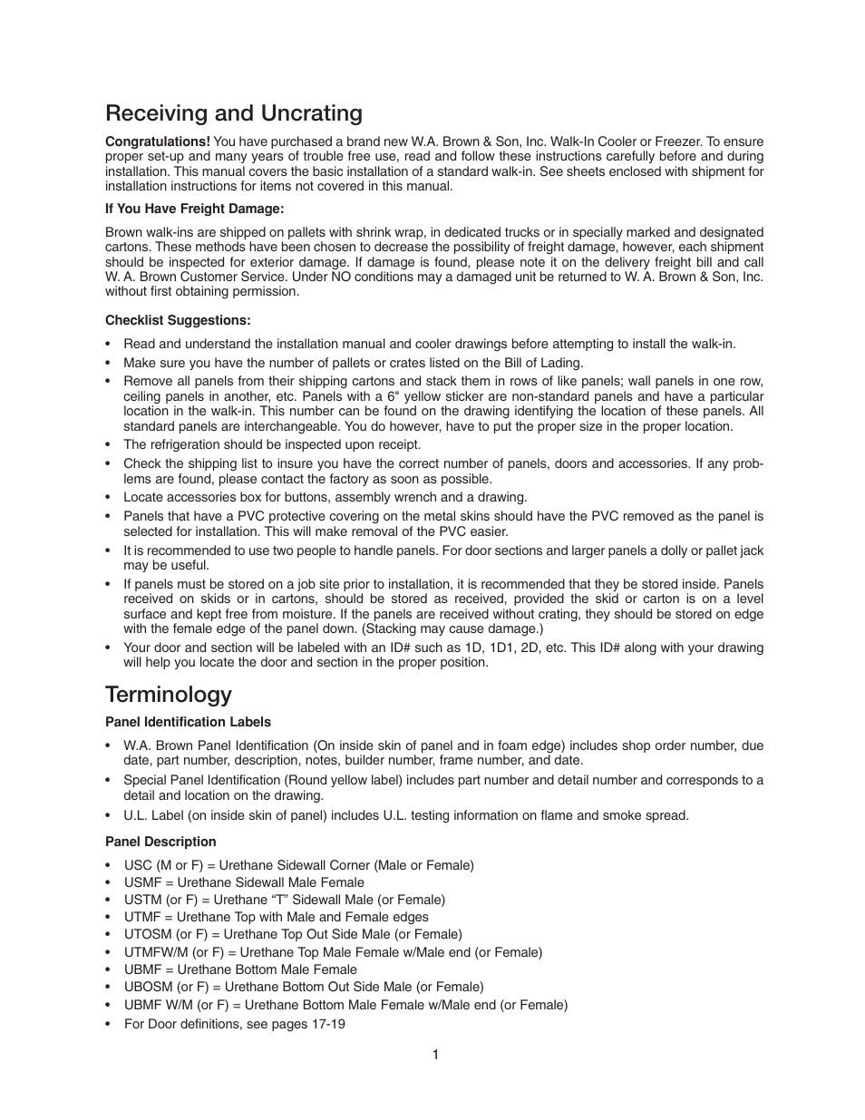Receiving and uncrating, Terminology | Imperial Brown Walk-in Coolers Cooler & Freezer User Manual | Page 3 / 28