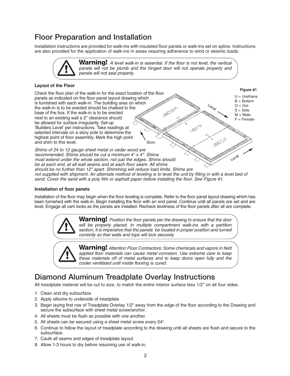 Floor preparation and installation, Diamond aluminum treadplate overlay instructions, Warning | Imperial Brown Walk-in Coolers Cooler & Freezer User Manual | Page 4 / 28