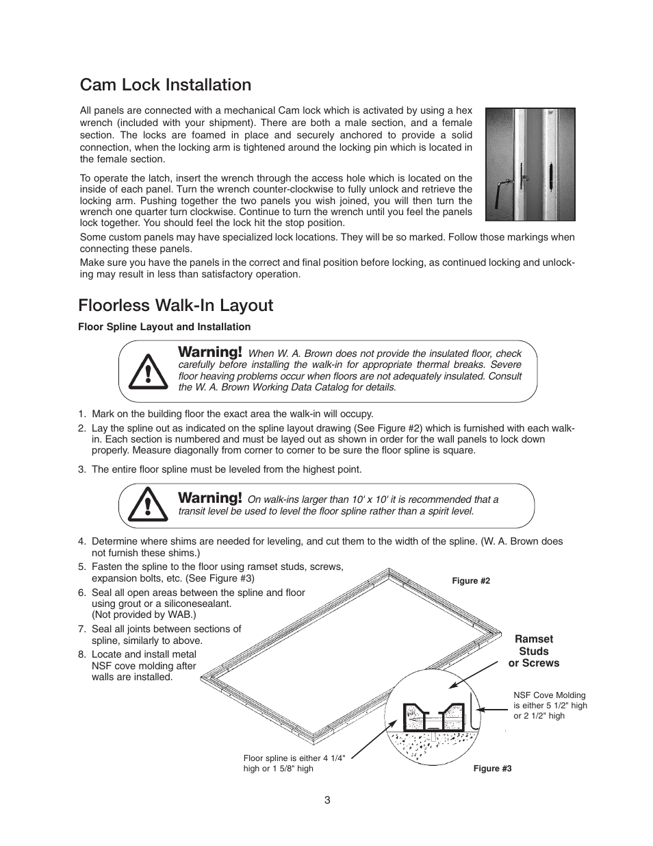 Floorless walk-in layout, Cam lock installation, Warning | Imperial Brown Walk-in Coolers Cooler & Freezer User Manual | Page 5 / 28