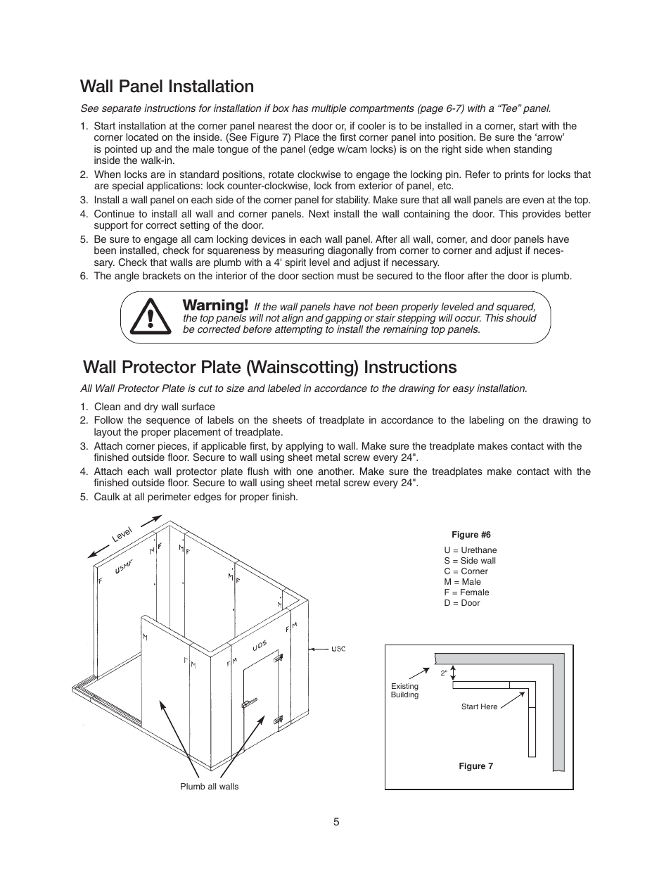 Wall panel installation, Wall protector plate (wainscotting) instructions, Warning | Imperial Brown Walk-in Coolers Cooler & Freezer User Manual | Page 7 / 28