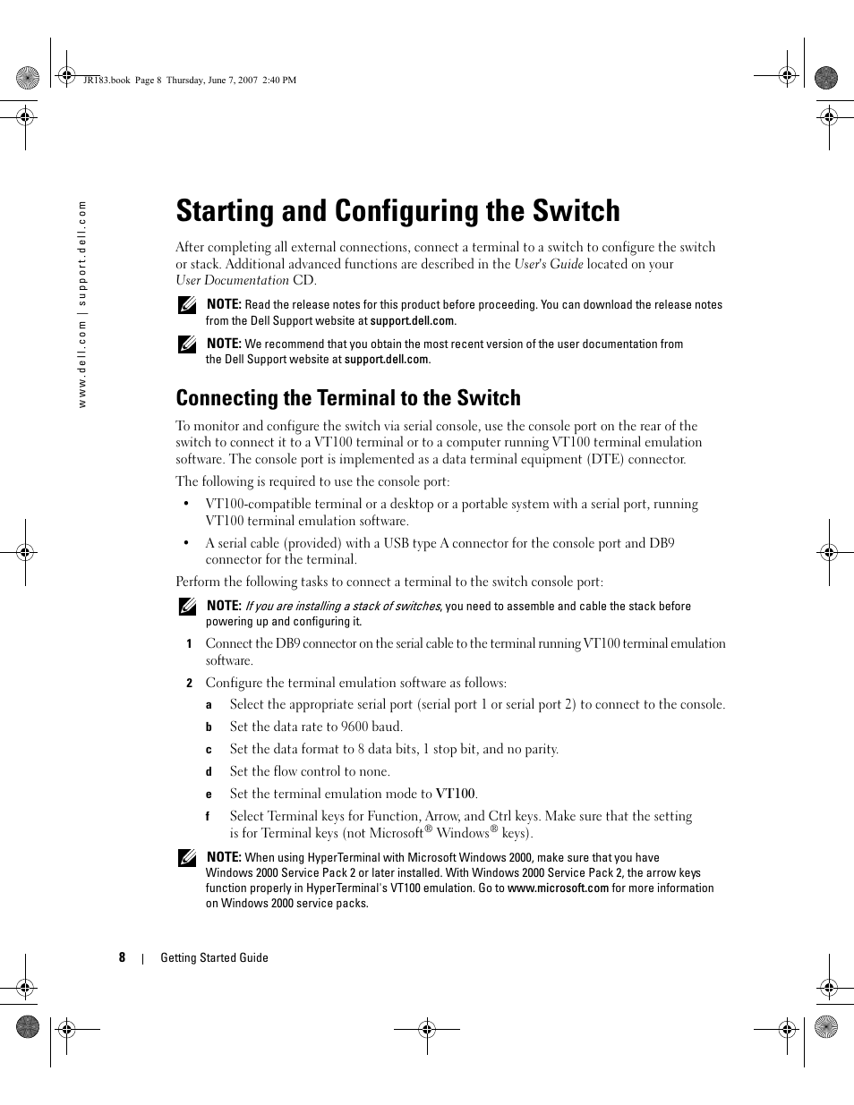 Starting and configuring the switch, Connecting the terminal to the switch | Dell PowerEdge M605 User Manual | Page 10 / 182