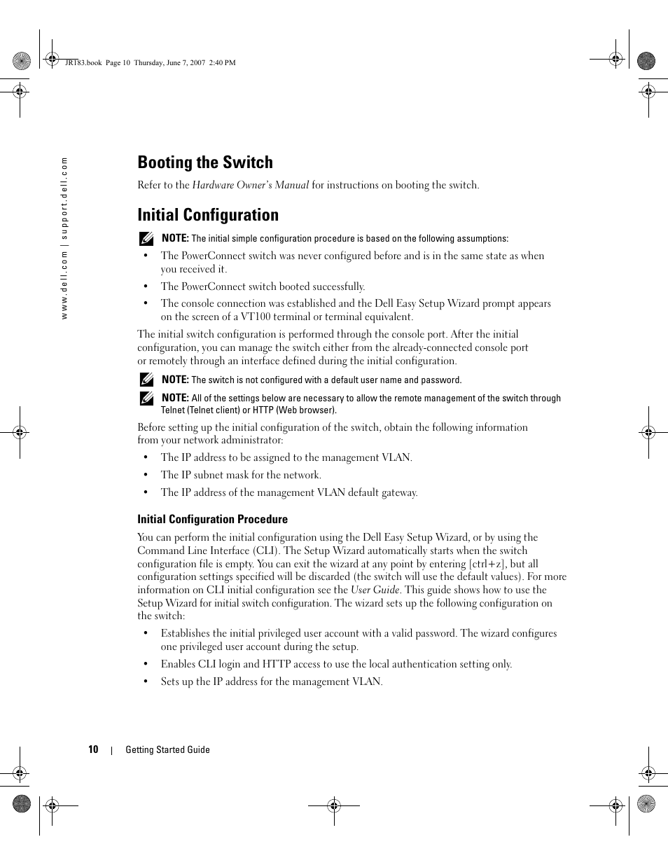 Booting the switch, Initial configuration | Dell PowerEdge M605 User Manual | Page 12 / 182