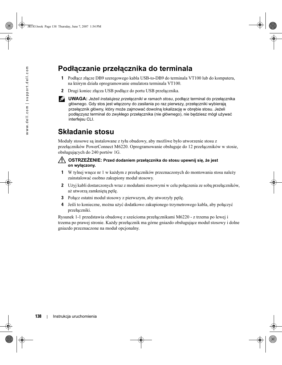 Podłączanie przełącznika do terminala, Składanie stosu | Dell PowerEdge M605 User Manual | Page 140 / 182