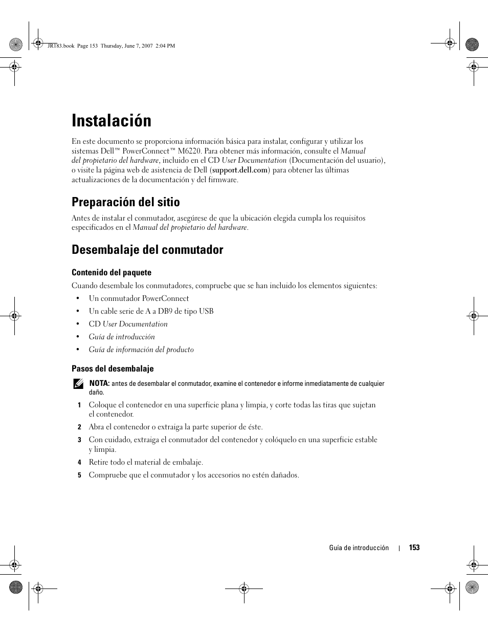 Instalación, Preparación del sitio, Desembalaje del conmutador | Dell PowerEdge M605 User Manual | Page 155 / 182