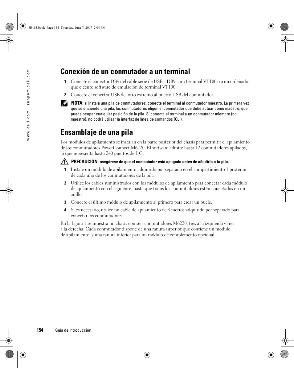 Conexión de un conmutador a un terminal, Ensamblaje de una pila | Dell PowerEdge M605 User Manual | Page 156 / 182