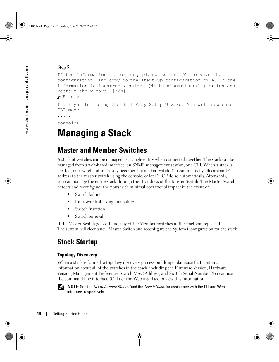 Managing a stack, Master and member switches, Stack startup | Dell PowerEdge M605 User Manual | Page 16 / 182