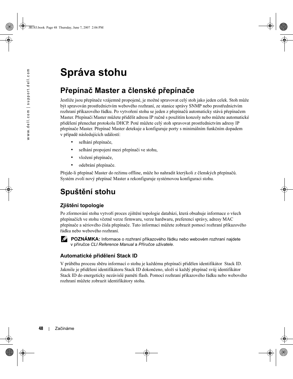 Správa stohu, Přepínač master a členské přepínače, Spuštění stohu | Dell PowerEdge M605 User Manual | Page 50 / 182