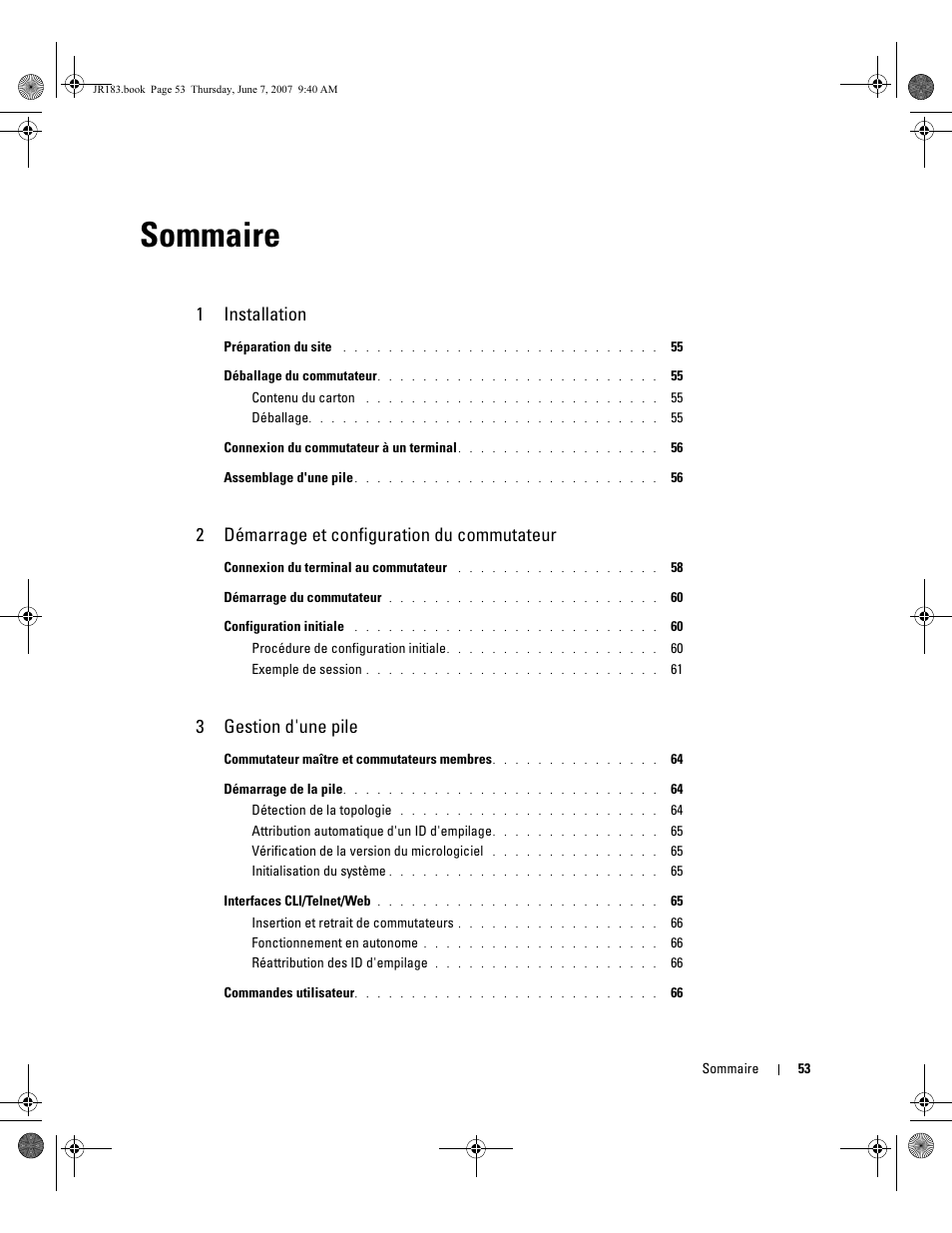 Sommaire, 1installation, 2démarrage et configuration du commutateur | 3gestion d'une pile | Dell PowerEdge M605 User Manual | Page 55 / 182