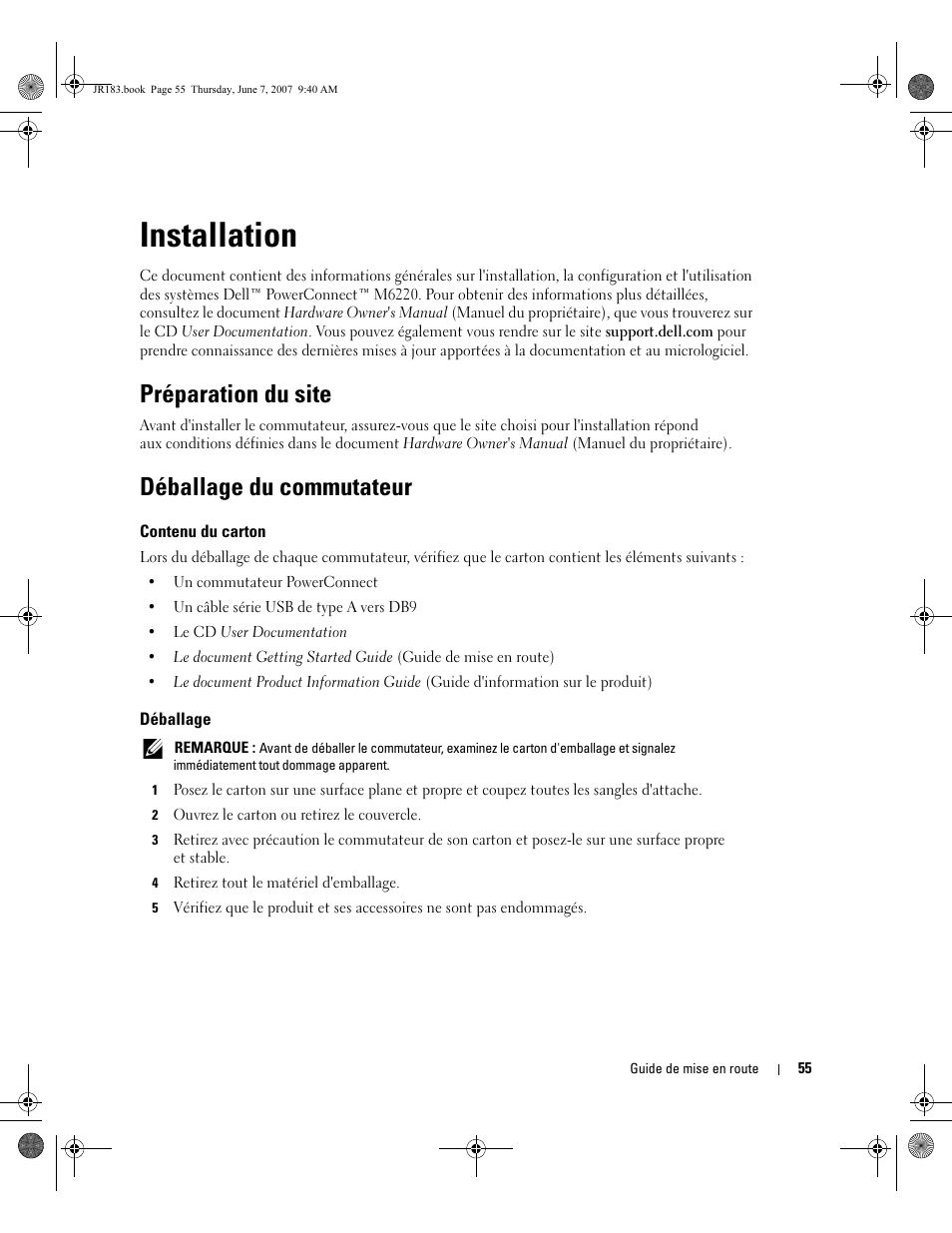 Installation, Préparation du site, Déballage du commutateur | Dell PowerEdge M605 User Manual | Page 57 / 182