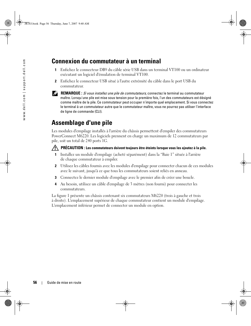 Connexion du commutateur à un terminal, Assemblage d'une pile | Dell PowerEdge M605 User Manual | Page 58 / 182