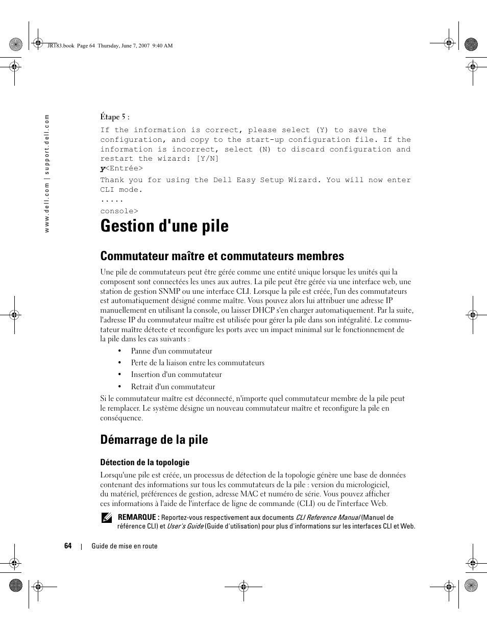 Gestion d'une pile, Commutateur maître et commutateurs membres, Démarrage de la pile | Dell PowerEdge M605 User Manual | Page 66 / 182