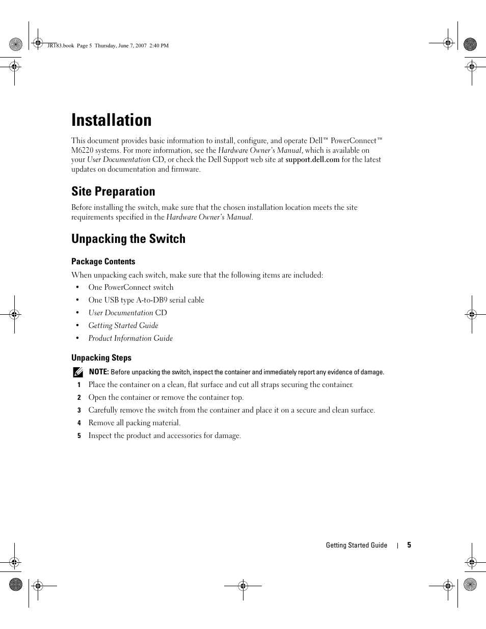 Installation, Site preparation, Unpacking the switch | Dell PowerEdge M605 User Manual | Page 7 / 182