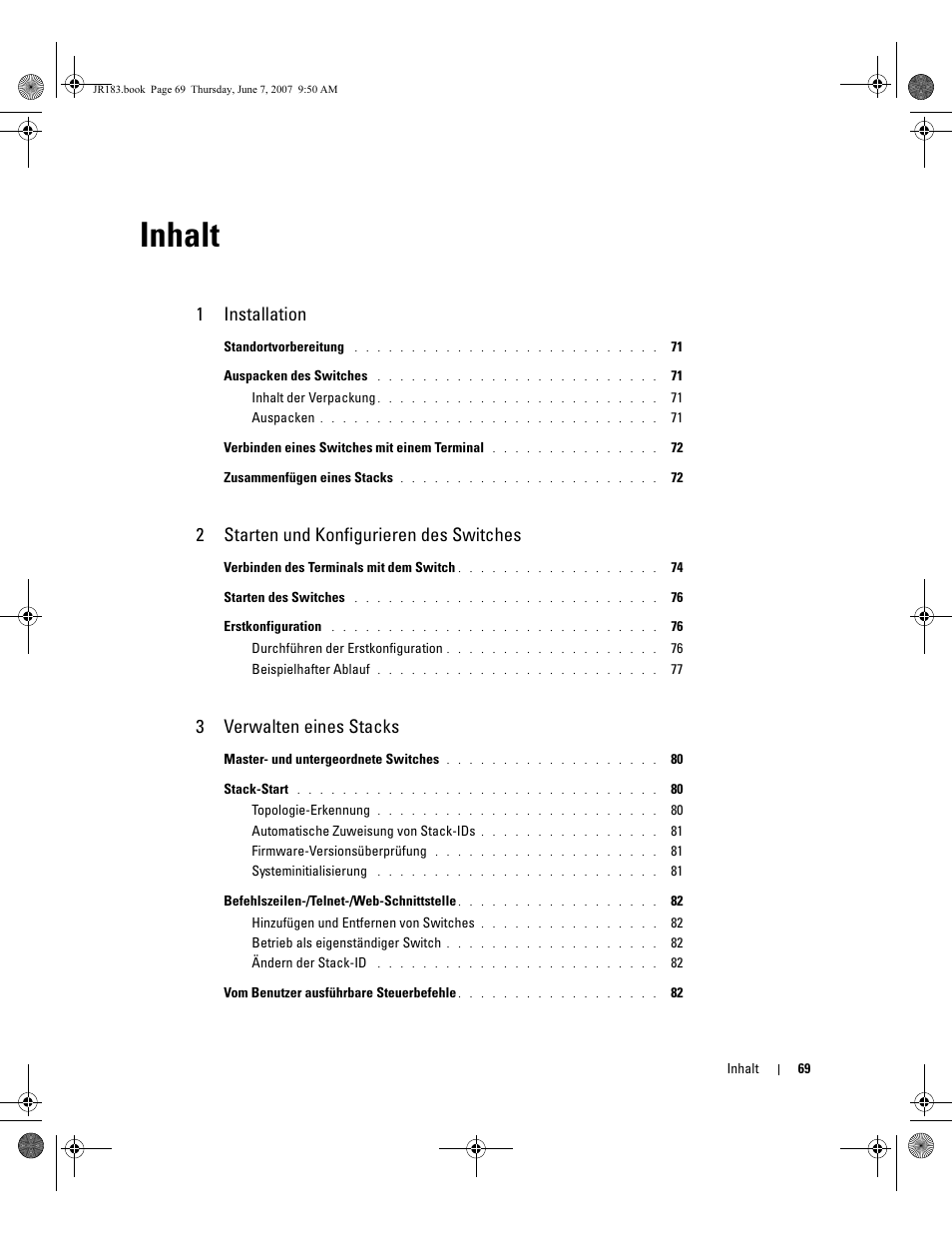 Inhalt, 1installation, 2starten und konfigurieren des switches | 3verwalten eines stacks | Dell PowerEdge M605 User Manual | Page 71 / 182