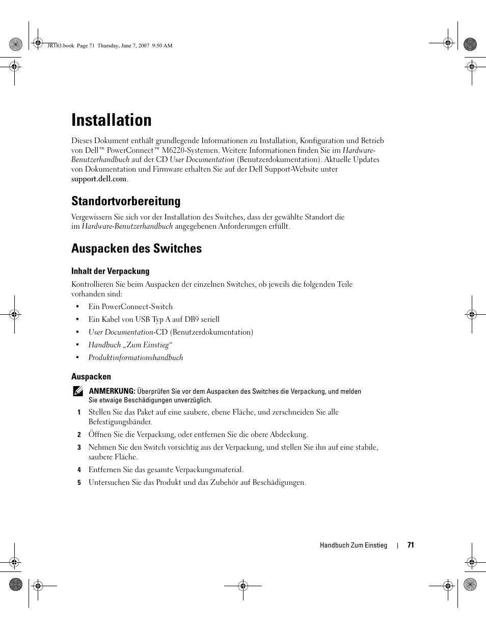 Installation, Standortvorbereitung, Auspacken des switches | Dell PowerEdge M605 User Manual | Page 73 / 182