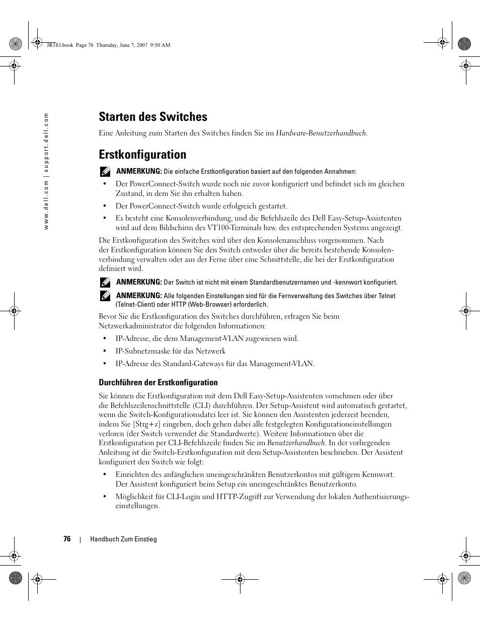 Starten des switches, Erstkonfiguration | Dell PowerEdge M605 User Manual | Page 78 / 182