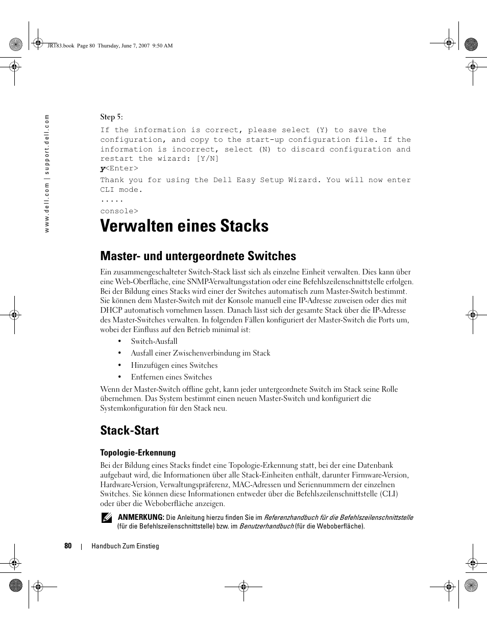 Verwalten eines stacks, Master- und untergeordnete switches, Stack-start | Dell PowerEdge M605 User Manual | Page 82 / 182