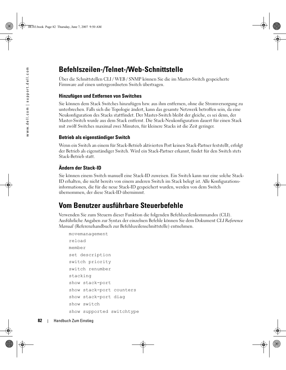Befehlszeilen-/telnet-/web-schnittstelle, Vom benutzer ausführbare steuerbefehle | Dell PowerEdge M605 User Manual | Page 84 / 182