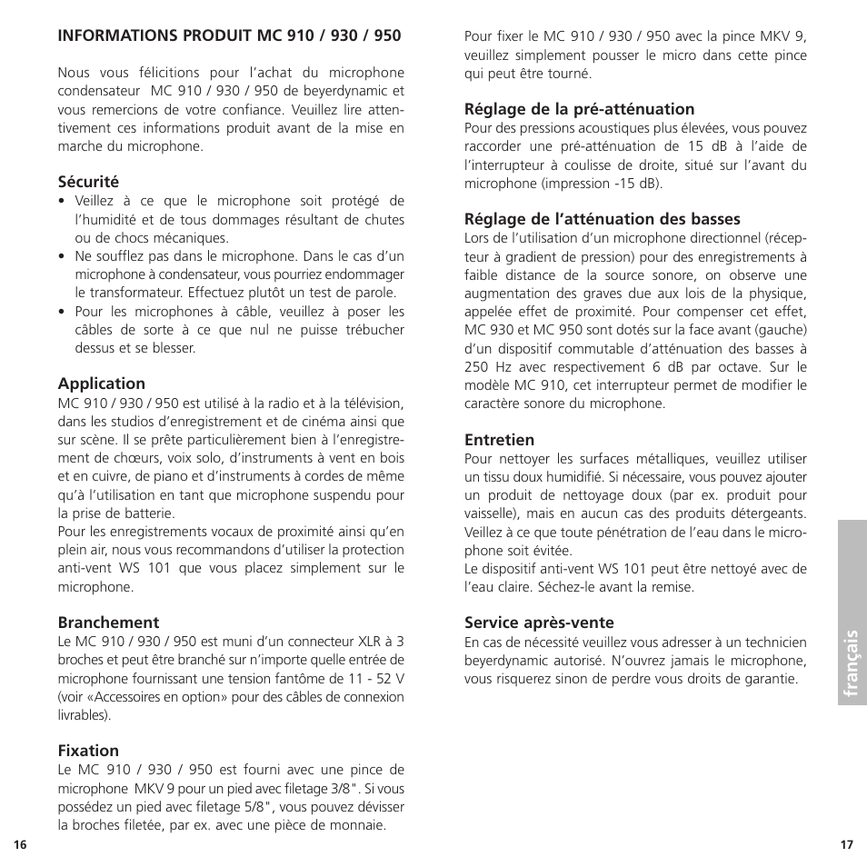 Français | Beyerdynamic MC 950 User Manual | Page 9 / 14