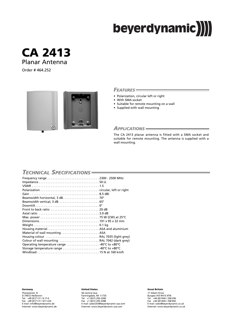 Beyerdynamic Planar Antenna CA 2413 User Manual | 2 pages