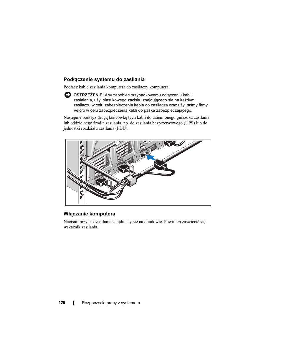 Podłączenie systemu do zasilania, Włączanie komputera | Dell POWEREDGE M905 User Manual | Page 128 / 201