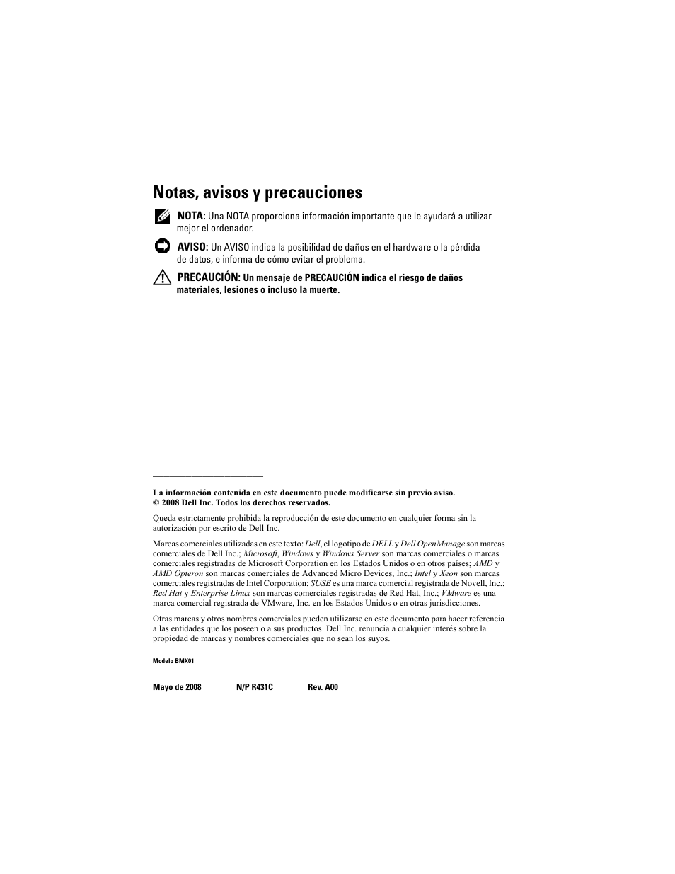 Notas, avisos y precauciones | Dell POWEREDGE M905 User Manual | Page 160 / 201