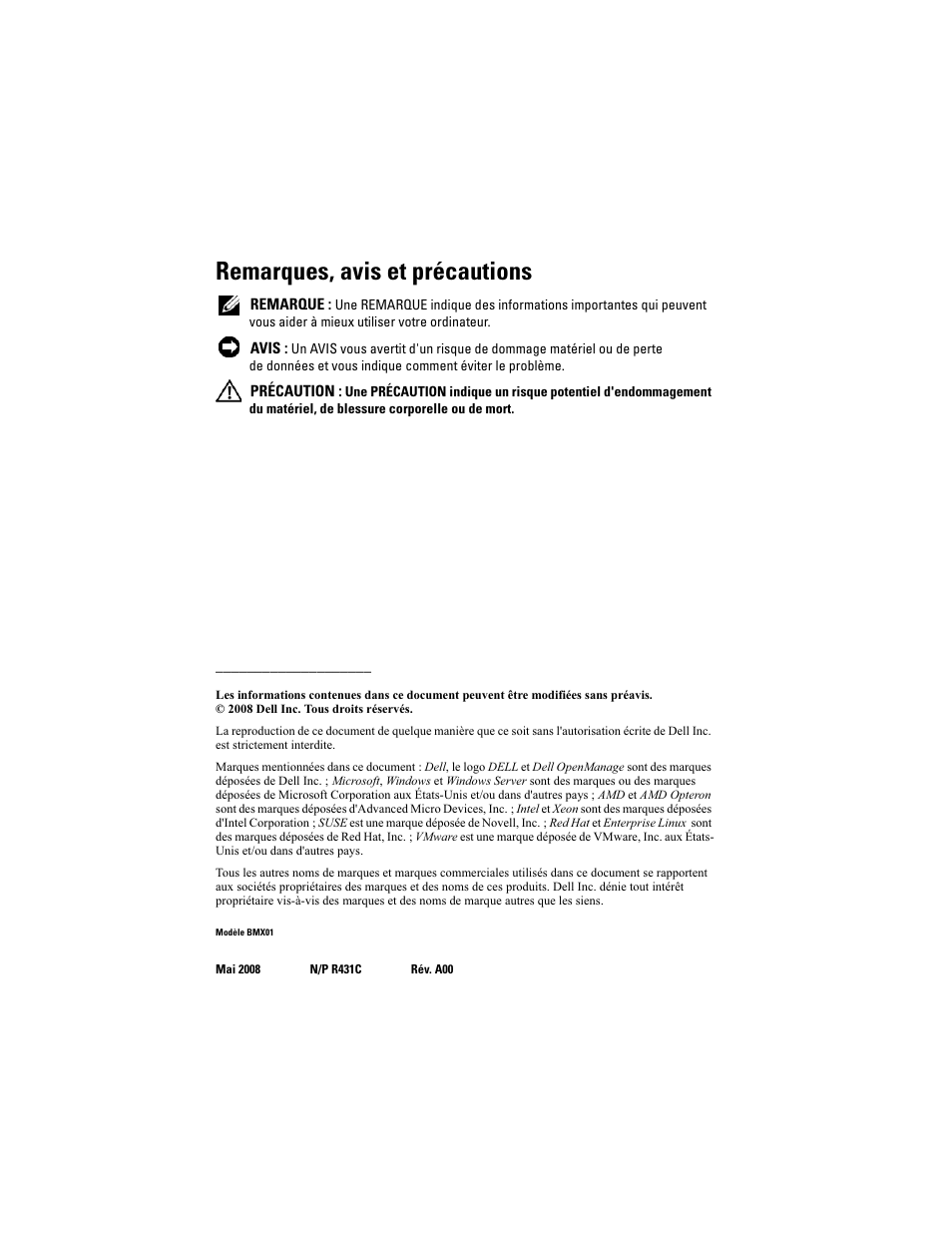 Remarques, avis et précautions | Dell POWEREDGE M905 User Manual | Page 48 / 201