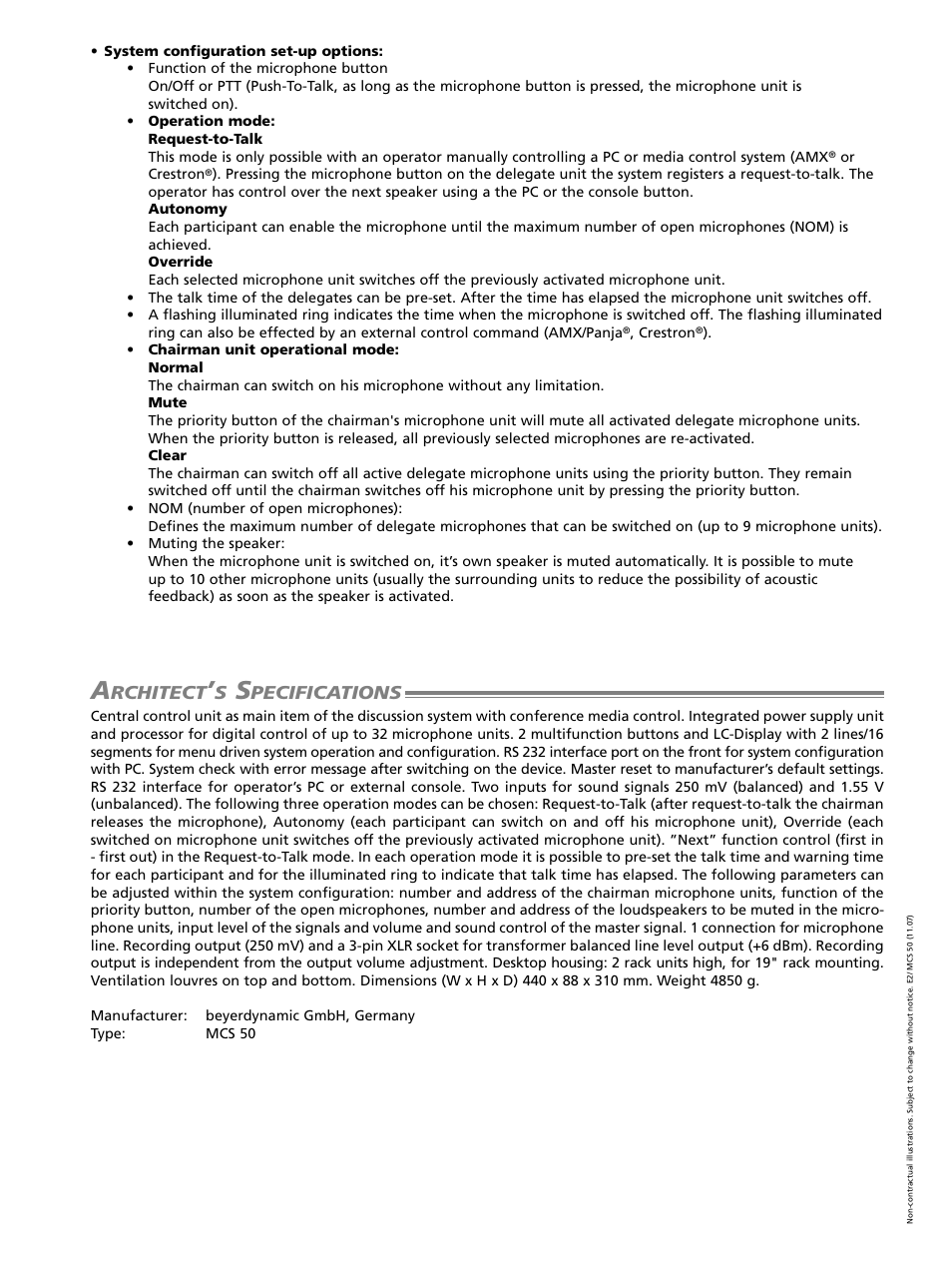 Rchitect, Pecifications | Beyerdynamic Discussion Control Unit MCS 50 User Manual | Page 2 / 7