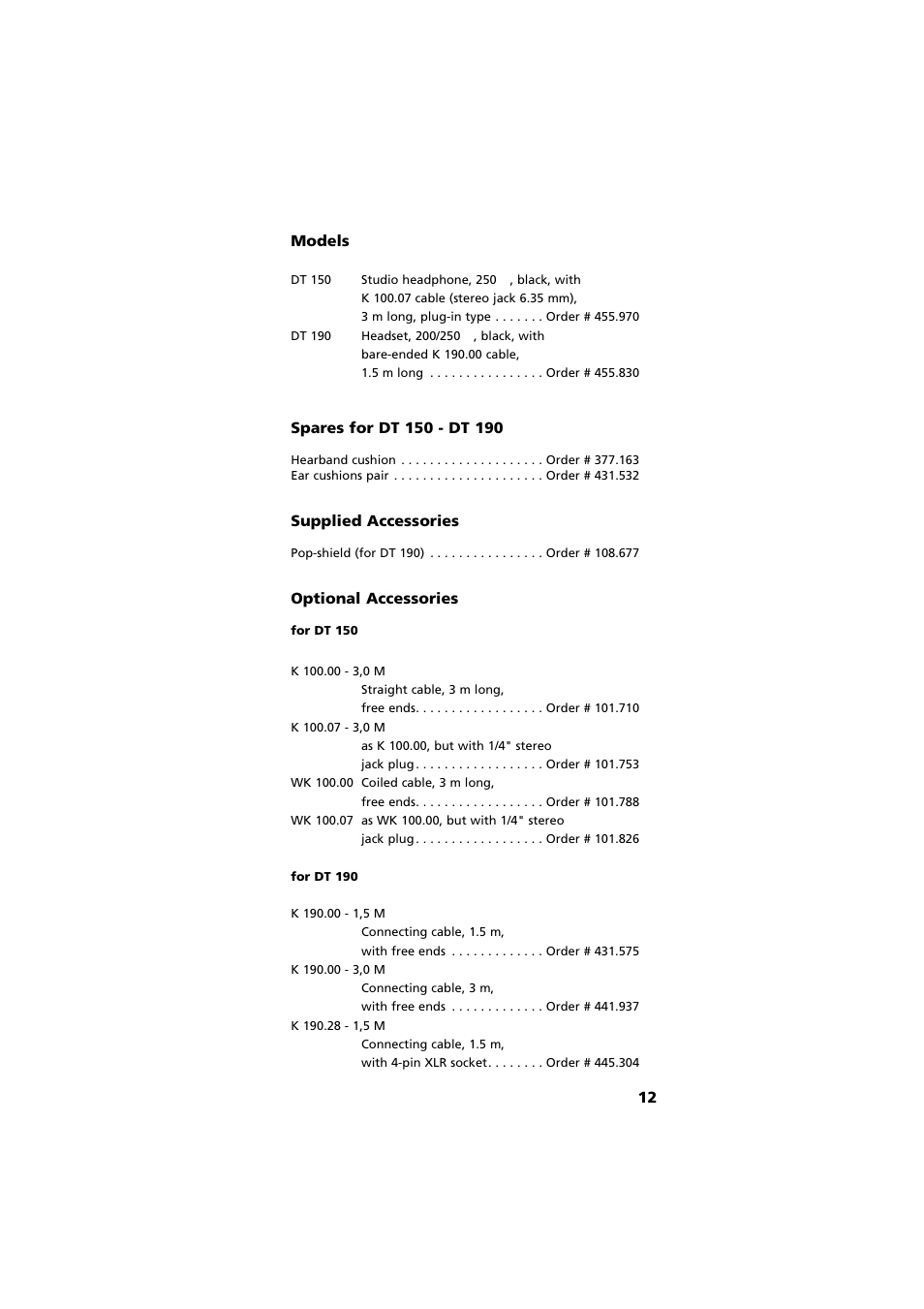 Models, Spares, Supplied accessories | Optional accessories, 12 models | Beyerdynamic DT 190 User Manual | Page 12 / 21
