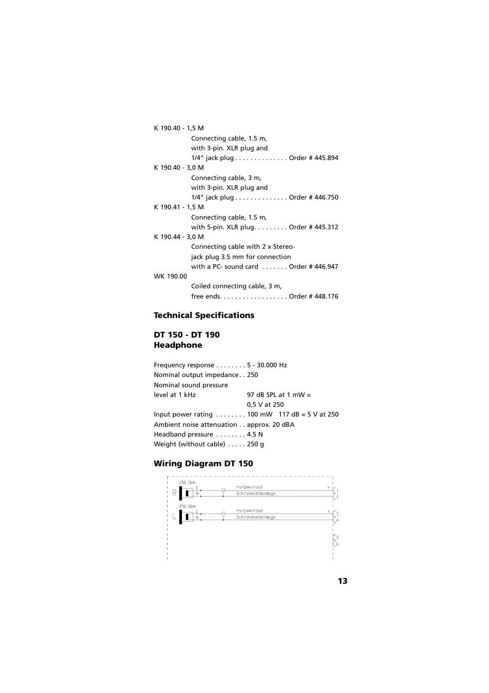 Technical specifications, Wiring diagram, Wiring diagram dt 150 | Beyerdynamic DT 190 User Manual | Page 13 / 21