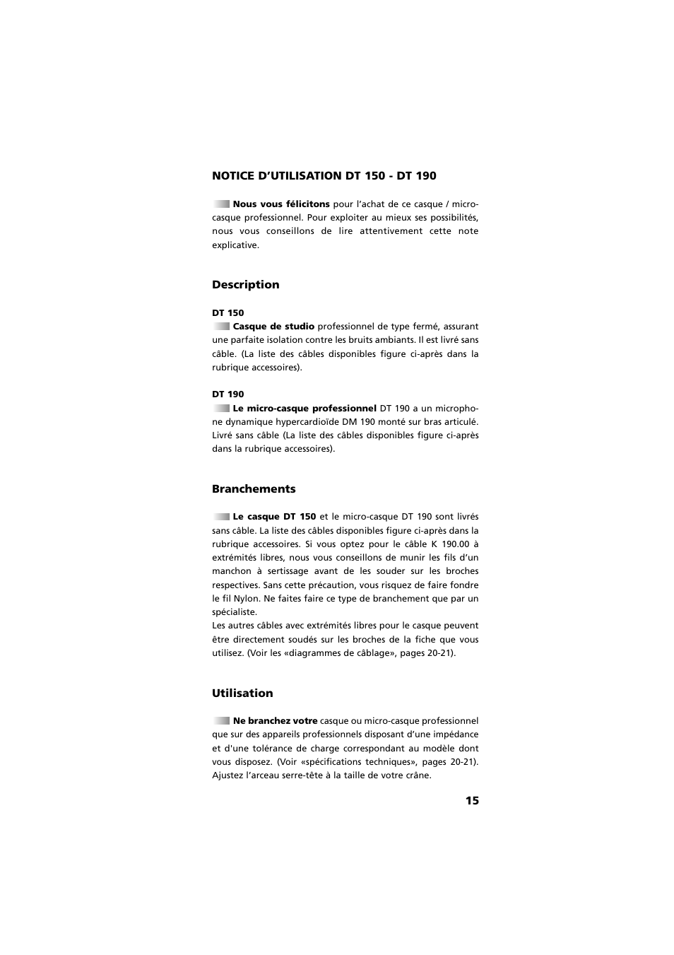 Français - notice d’utilisation, Description, Branchements | Utilisation | Beyerdynamic DT 190 User Manual | Page 15 / 21