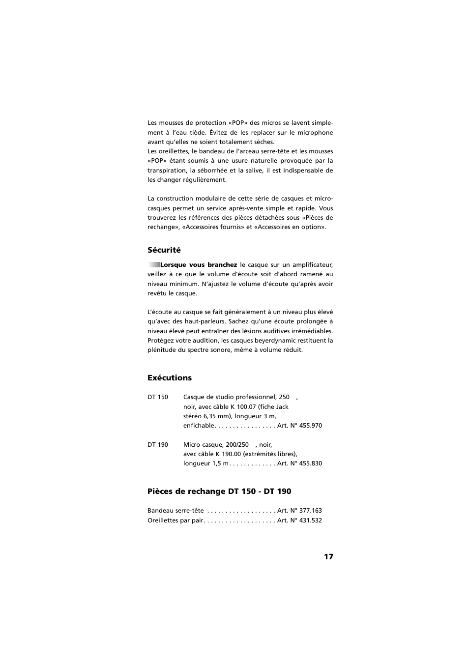 Sécurité, Exécutions, Pièces de rechange | Beyerdynamic DT 190 User Manual | Page 17 / 21