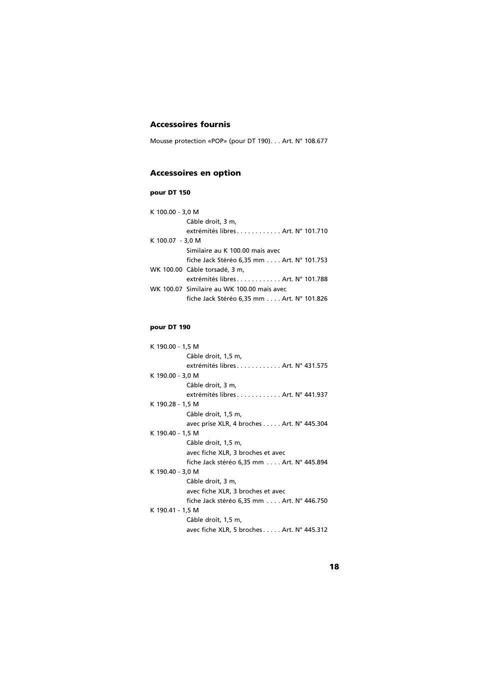 Accessoires fournis, Accessoires en option, 18 accessoires fournis | Beyerdynamic DT 190 User Manual | Page 18 / 21
