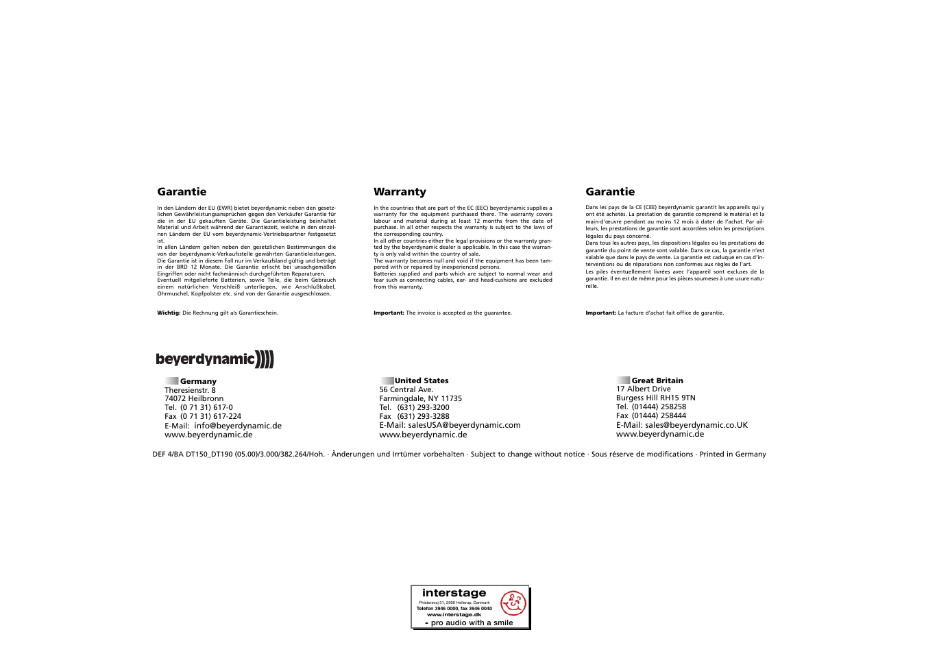 Garantie, Warranty, Interstage | Beyerdynamic DT 190 User Manual | Page 21 / 21