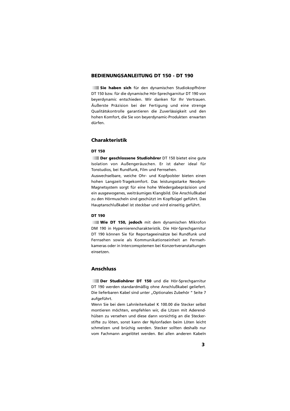 Deutsch - bedienungsanleitung, Charakteristik, Anschluss | Beyerdynamic DT 190 User Manual | Page 3 / 21