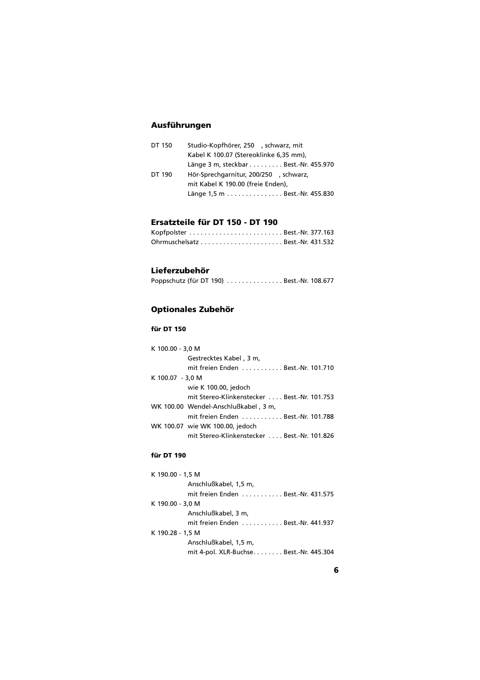 Ausführungen, Ersatzteile, Lieferzubehör | Optionales zubehör, 6ausführungen | Beyerdynamic DT 190 User Manual | Page 6 / 21