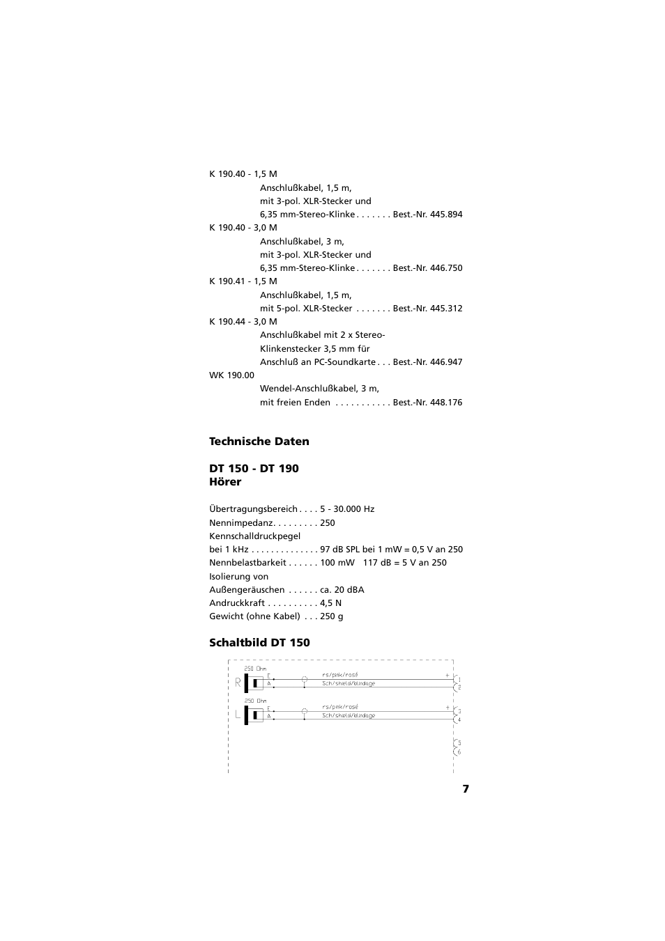Technische daten, Schaltbild dt 150 | Beyerdynamic DT 190 User Manual | Page 7 / 21