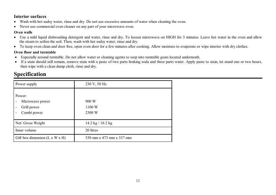 Specification | Hyundai H-MW1020 User Manual | Page 11 / 22