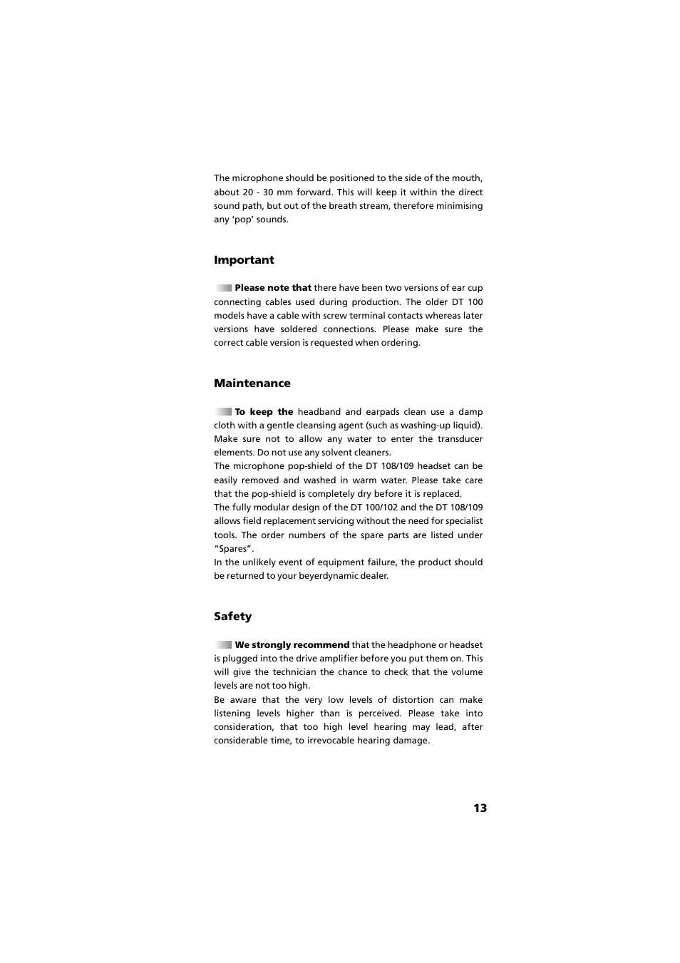 Important, Maintenance, Safety | Beyerdynamic DT 109 User Manual | Page 13 / 28