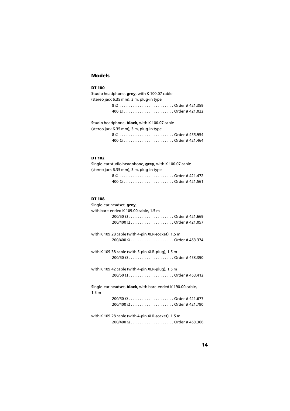 Models, 14 models | Beyerdynamic DT 109 User Manual | Page 14 / 28