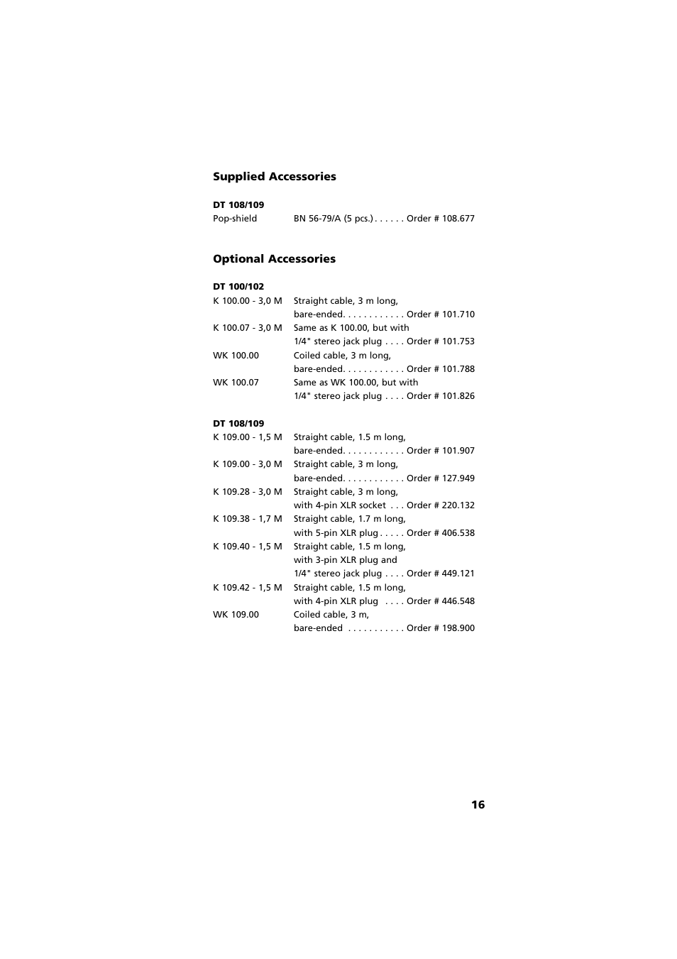 Supplied accessories, Optional accessories, 16 supplied accessories | Beyerdynamic DT 109 User Manual | Page 16 / 28
