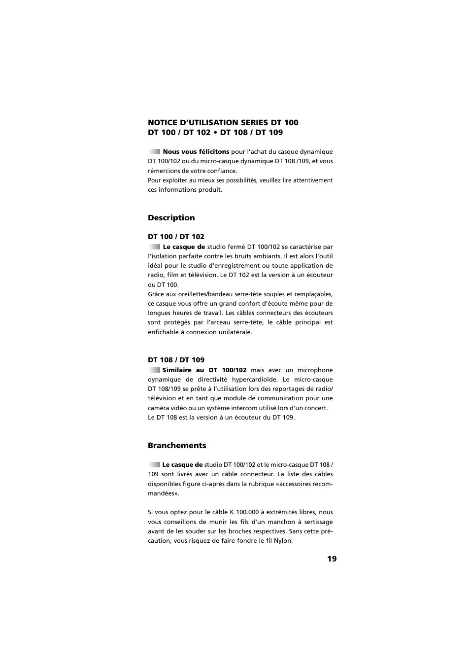 Français - notice d’utilisation, Description, Branchements | Beyerdynamic DT 109 User Manual | Page 19 / 28